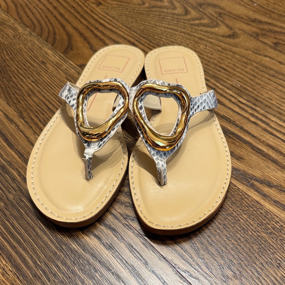 Dolce Vita Cream Footbed Thong Sandals with Gold Accent & Snake-Print Straps